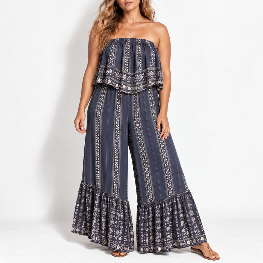 American Eagle Jumpsuit Womens Large Blue Floral Strapless Wide Leg Boho Ruffle